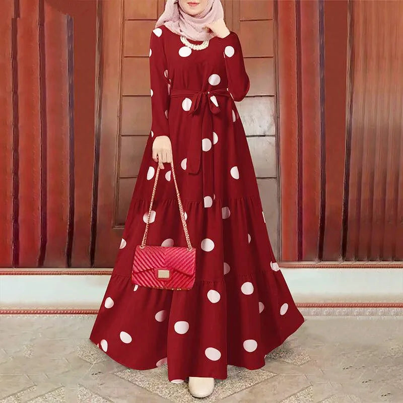 Women’s Abaya with Spliced Print & Belt – Long Sleeve, O-Neck MALAYELshop_this_look_AVdw3f