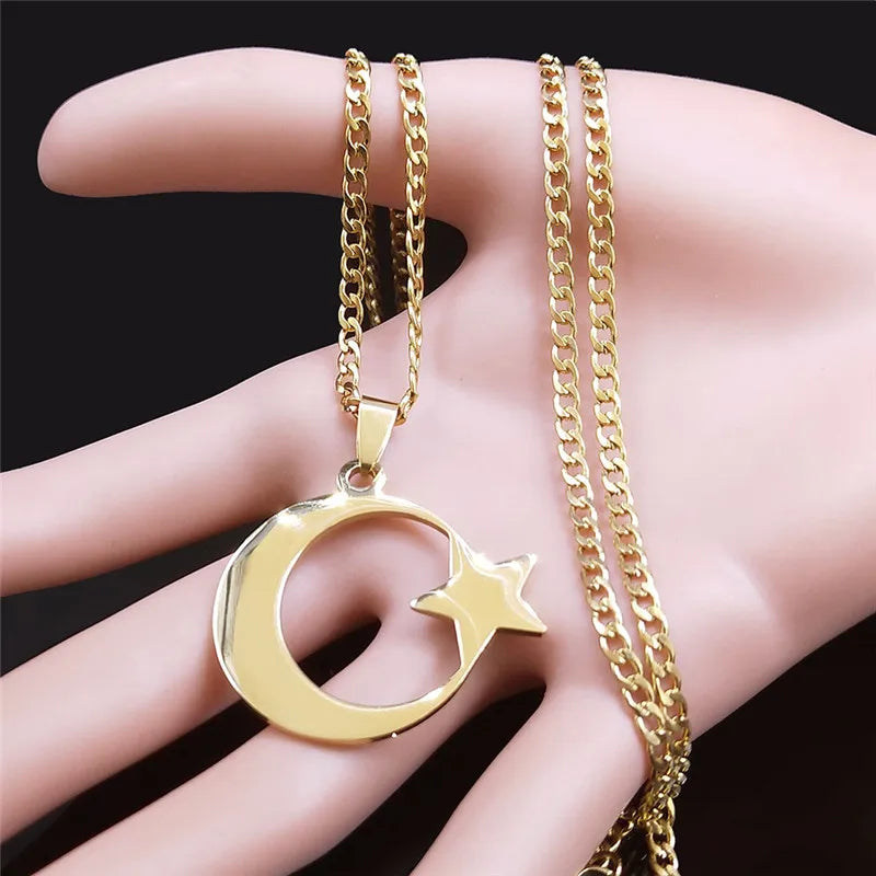 Gold Moon Star Stainless Steel Necklace for Women MALAYEL