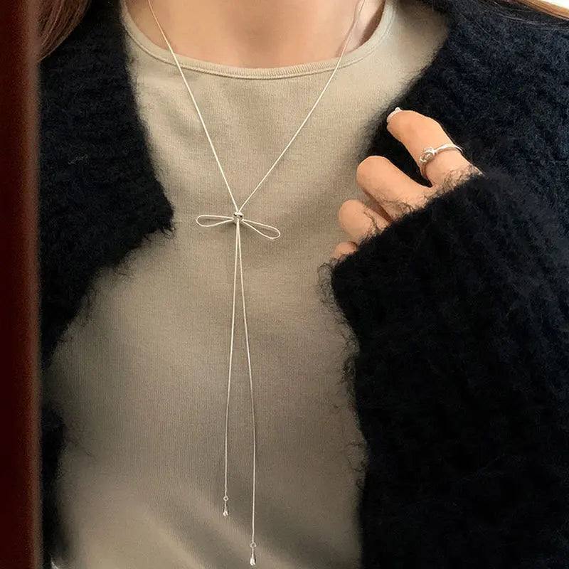 Simple Bowknot Drawstring Long Necklace for Women MALAYEL