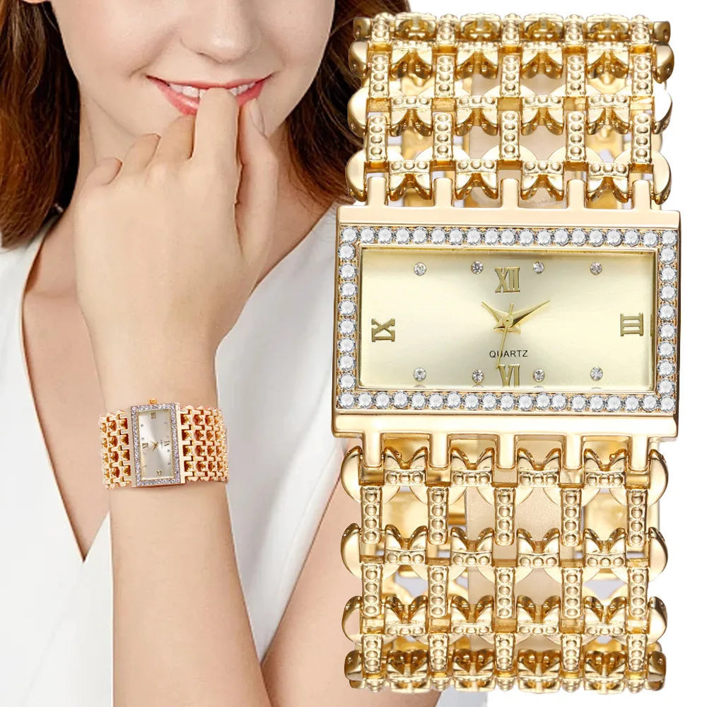 UTHAI W29 Women’s Luxury Square Diamond Quartz Watch with Gold Stainless Steel Band MALAYEL