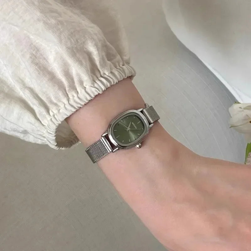 Elegant Oval Green Dial Stainless Steel Ladies Watch – Luxury Quartz Gift MALAYEL