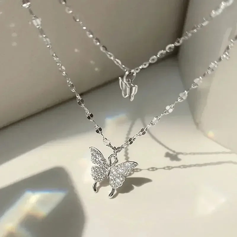 Double Layer Sparkling Butterfly Necklace MALAYEL
