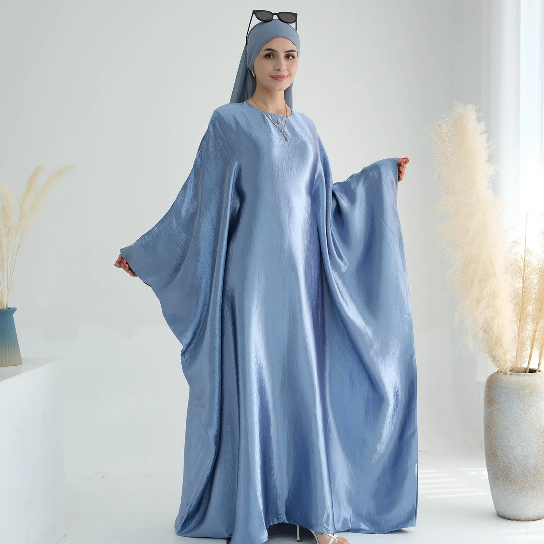 Wrinkle Satin Kaftan  Dress with Butterfly Sleeves MALAYEL