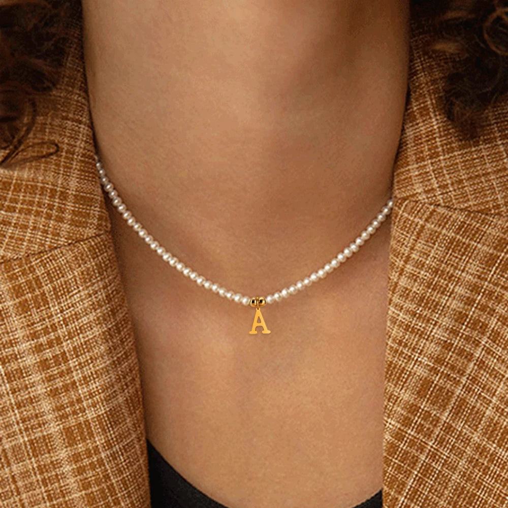 Alphabets Initial Pendant Pearl Choker Necklace MALAYEL