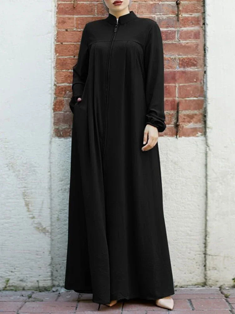 Black Muslim Dress with Stand-Up Collar & Zipper Pocket MALAYEL