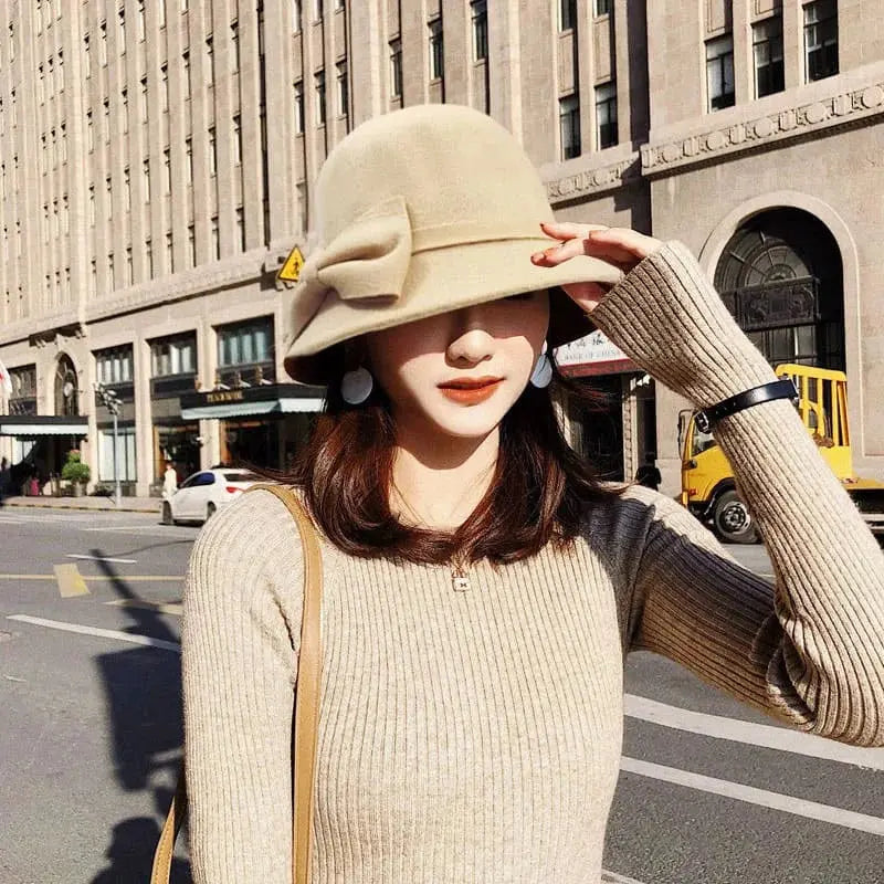 Vintage Bow Woolen Felt Bucket Cap MALAYEL