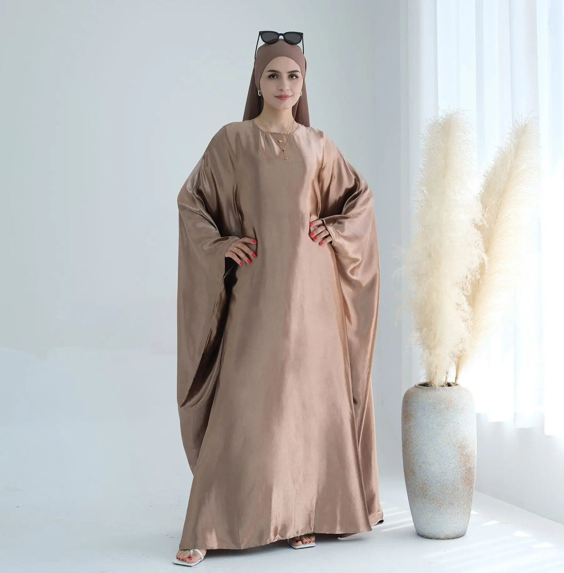 Wrinkle Satin Kaftan  Dress with Butterfly Sleeves MALAYEL