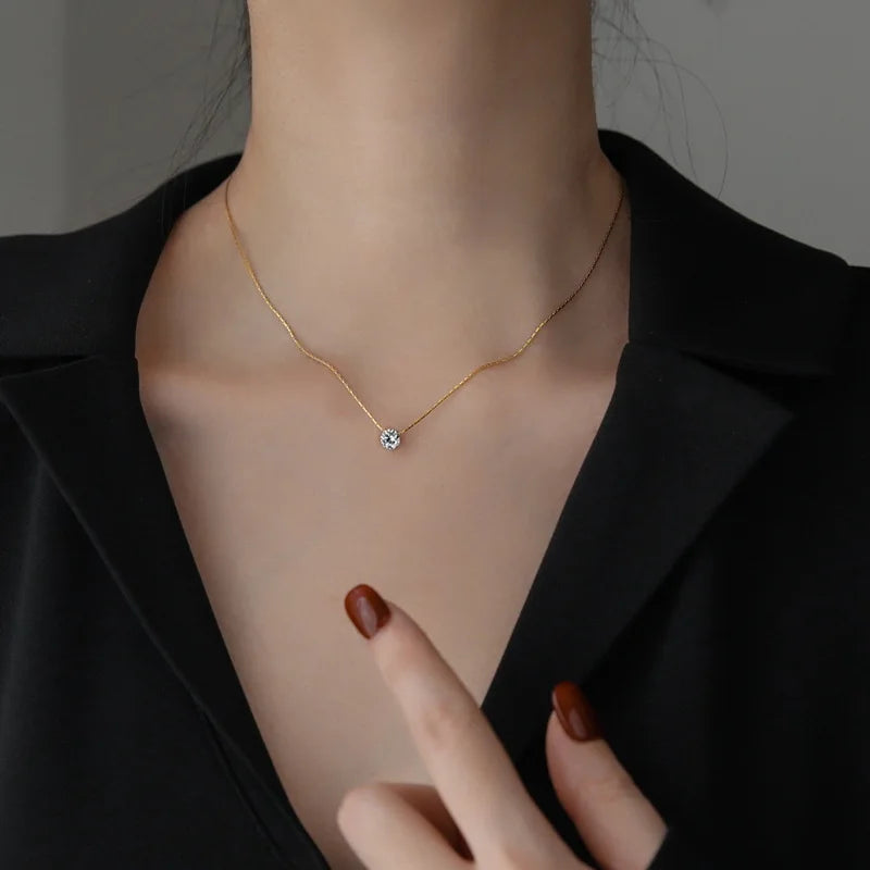 Peri'sbox Minimalist Zircon Solitaire Necklace – Anti-Tarnish Stainless Steel MALAYEL