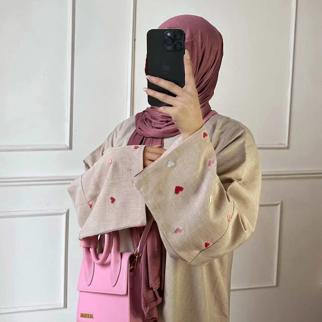 Heart Pattern Embroidery Linen Abaya MALAYEL