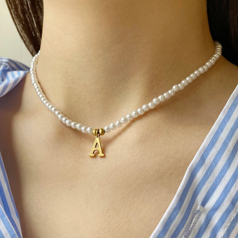 Alphabets Initial Pendant Pearl Choker Necklace MALAYEL