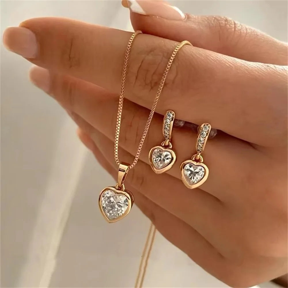 3 Pcs Heart Pendant Jewelry Set Of Earring Pendant Necklace MALAYEL