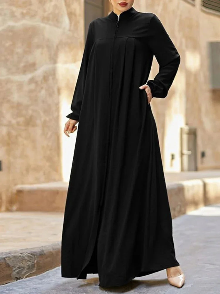 Black Muslim Dress with Stand-Up Collar & Zipper Pocket MALAYEL