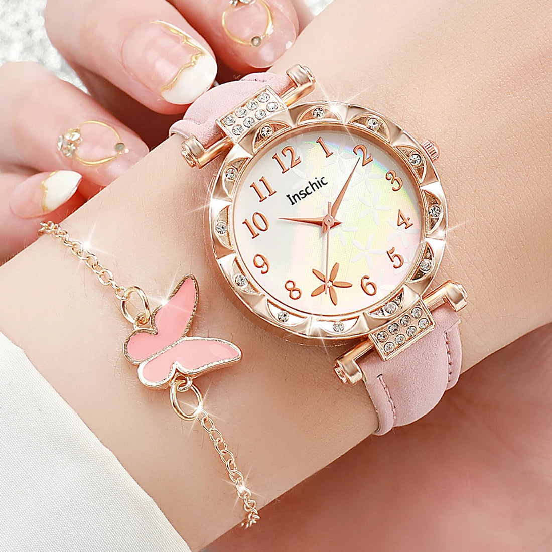 Women's Flower Leather Watch Set – 6 Pieces, Butterfly Jewelry MALAYEL