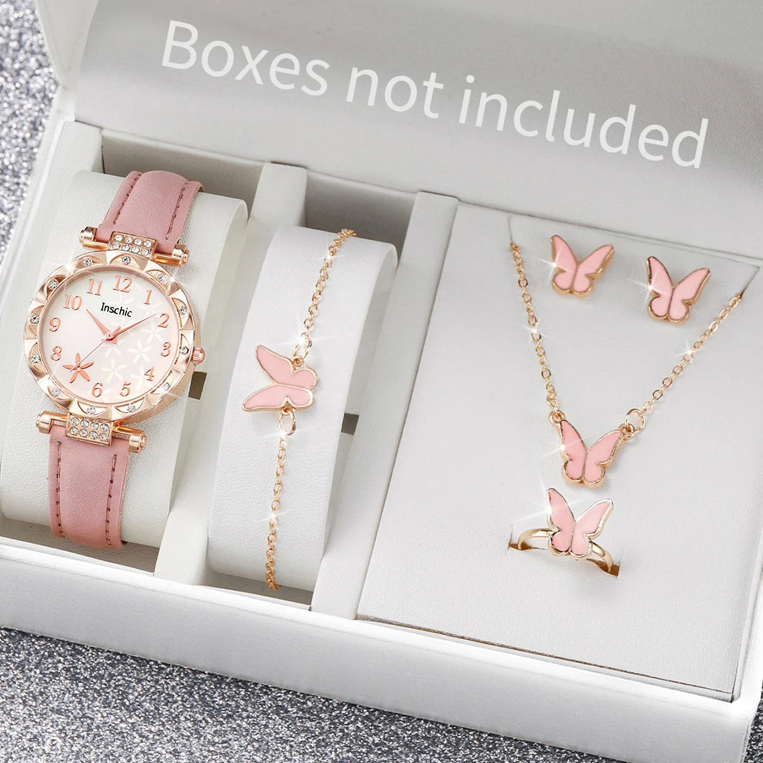 Women's Flower Leather Watch Set – 6 Pieces, Butterfly Jewelry MALAYEL