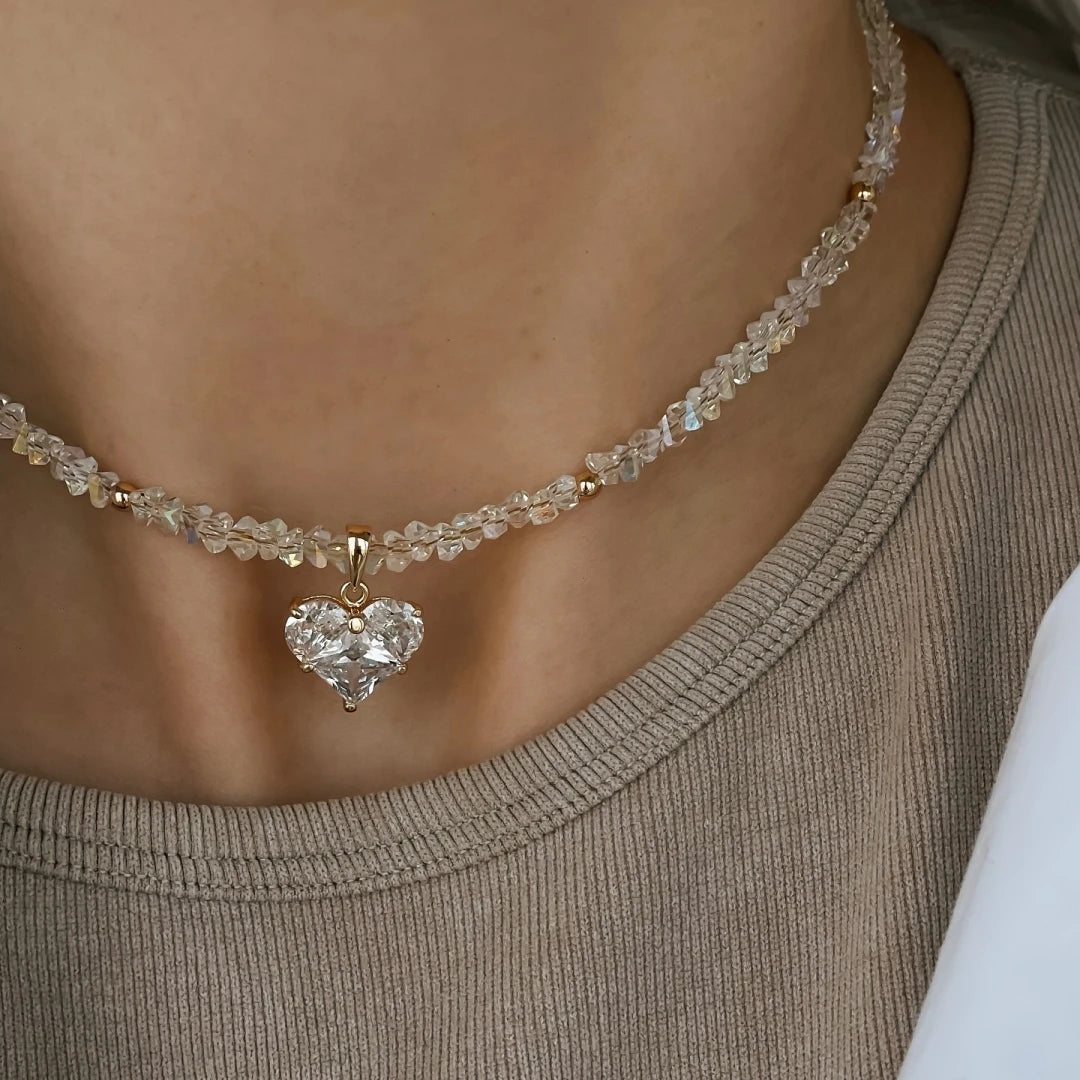 Vintage Zircon Heart Pendant Necklace MALAYEL