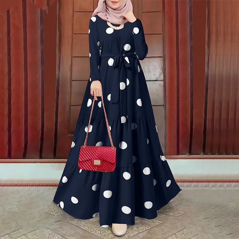 Women’s Abaya with Spliced Print & Belt – Long Sleeve, O-Neck MALAYEL